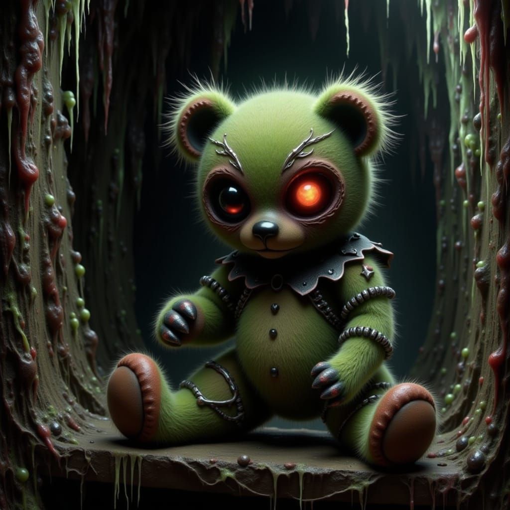 Sinister Teddy Bear in Dusty Attic, Dark Fantasy Style