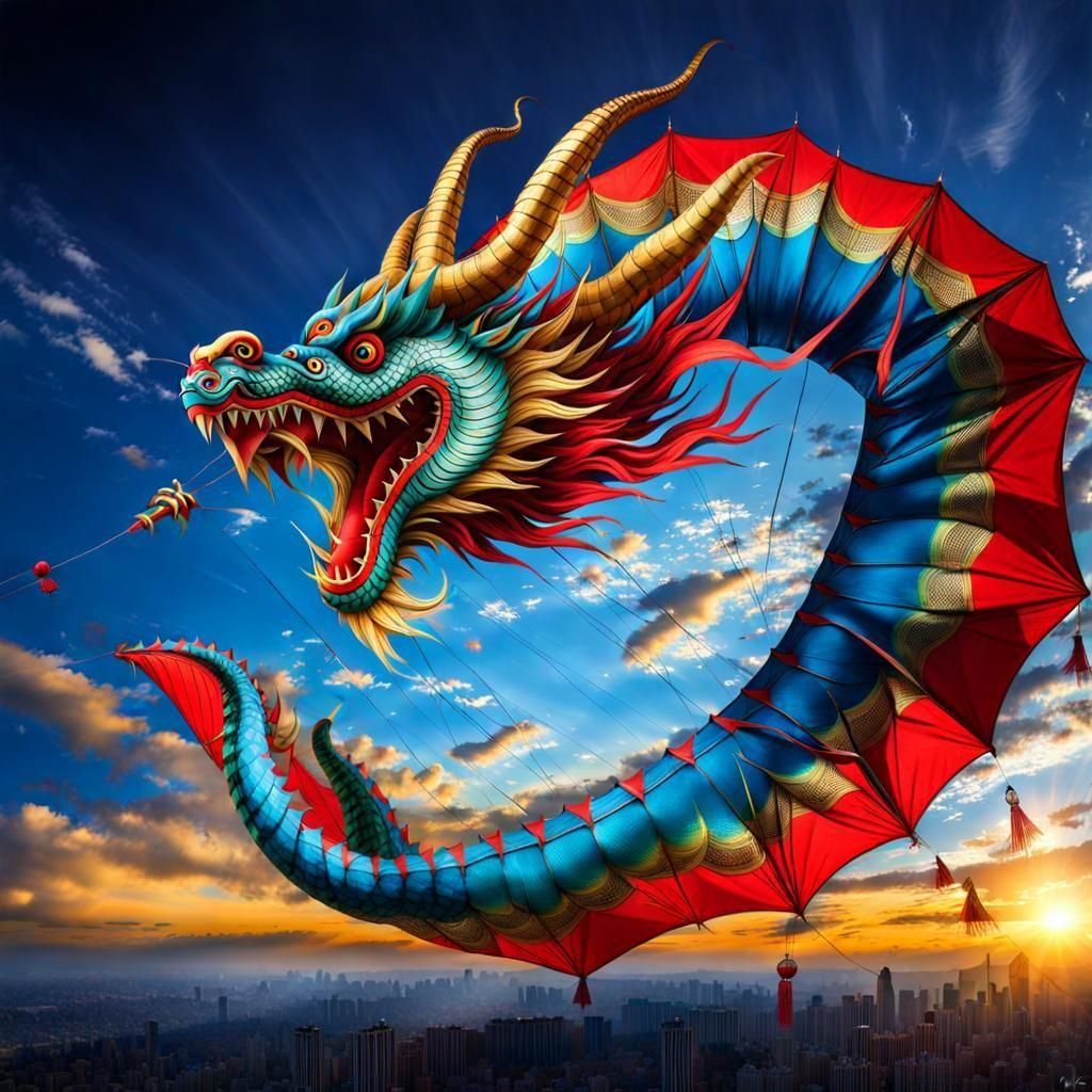 Chinese Dragon Kite Soaring in Blue Sky