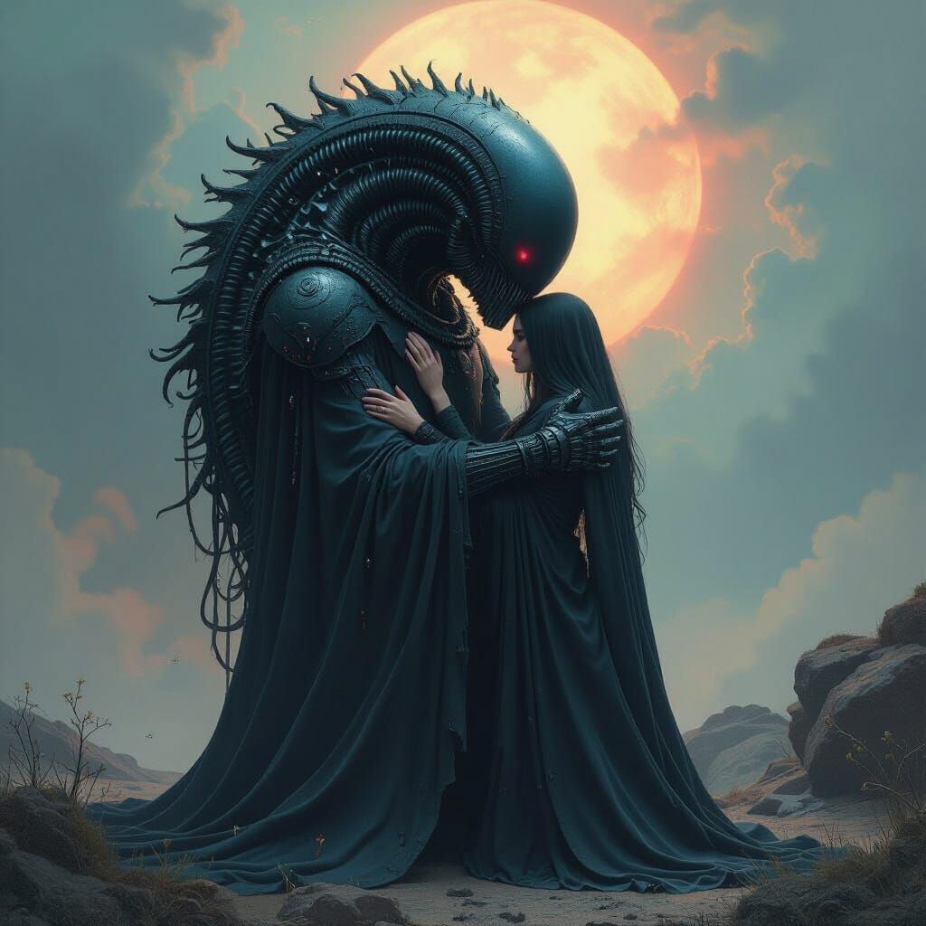 Gothic Woman Embracing Cosmic Monster in Biomechanical Art