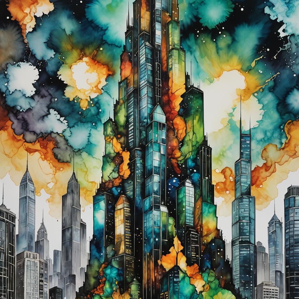 Abstract Alcohol Ink Meets Futuristic Skyscraper