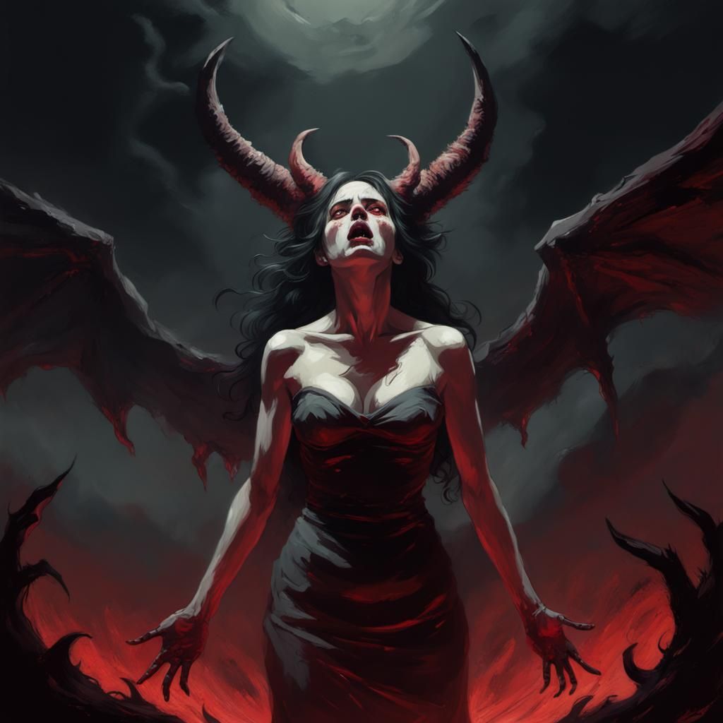 (Woman:1.3) touched by Satan sadistic+worship.Art style by F...