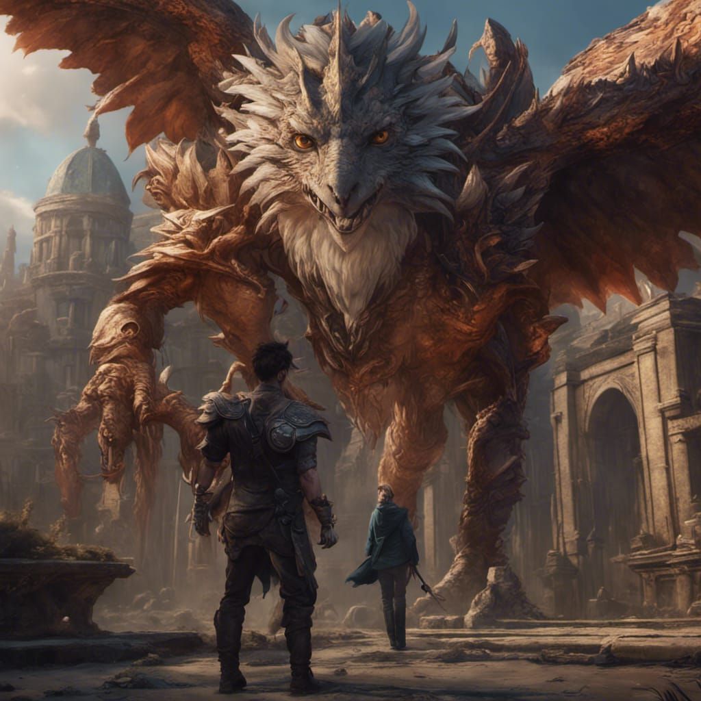 Human with Gryphon and Pseudodragon: Fantasy Art