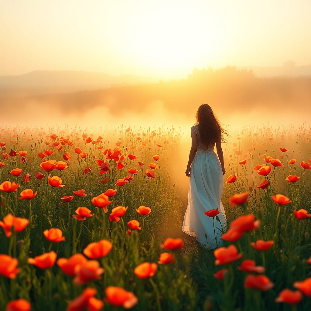Woman in Poppy Field with Origami Paper Folds