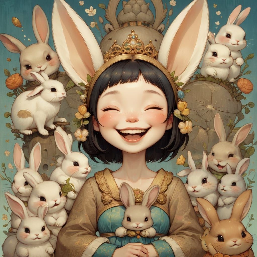 Laughing Princess Surrounded by Bunnies, Manga Illustration