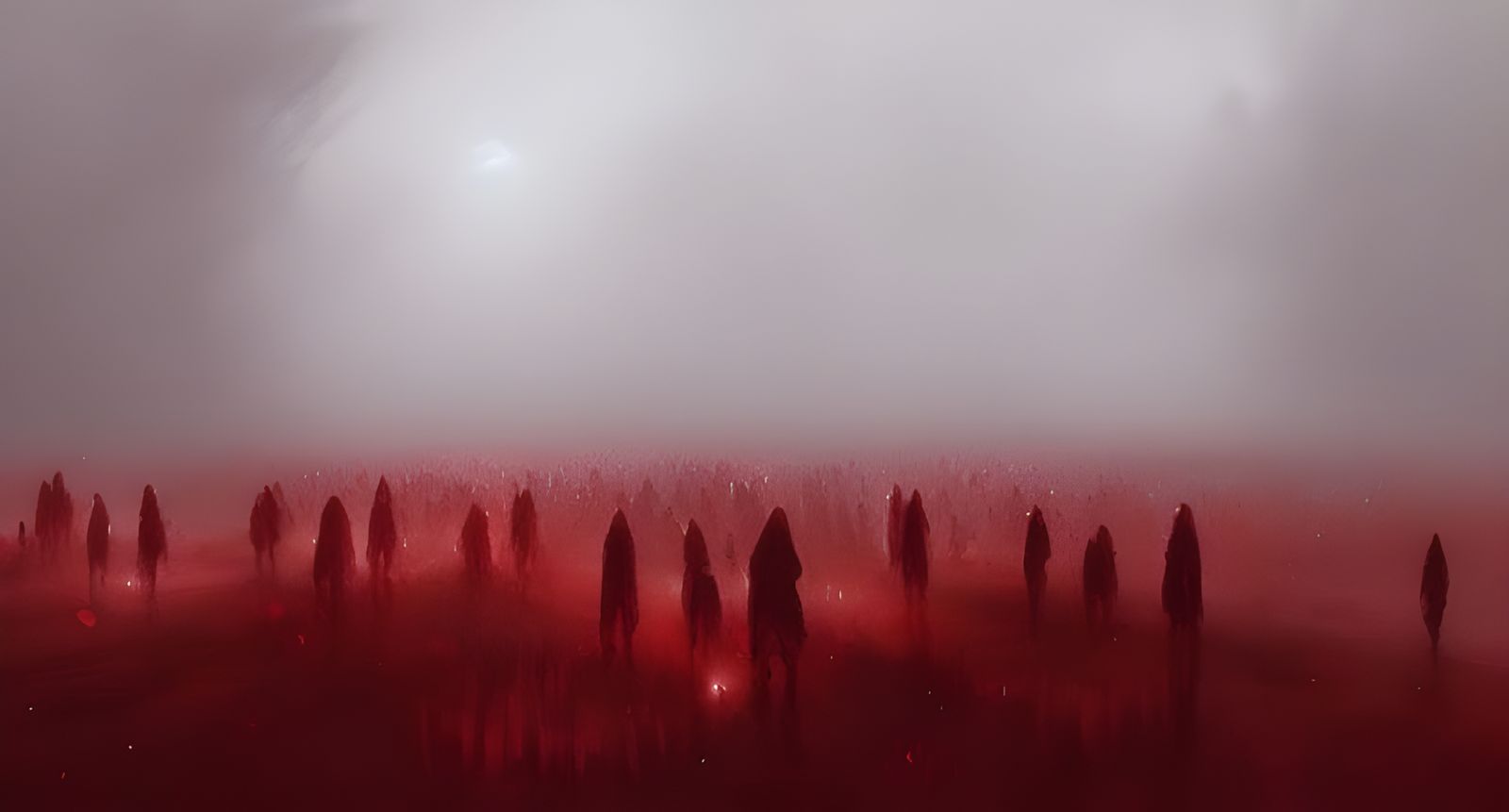 Red Cloaked Figures in Fog, Digital Painting