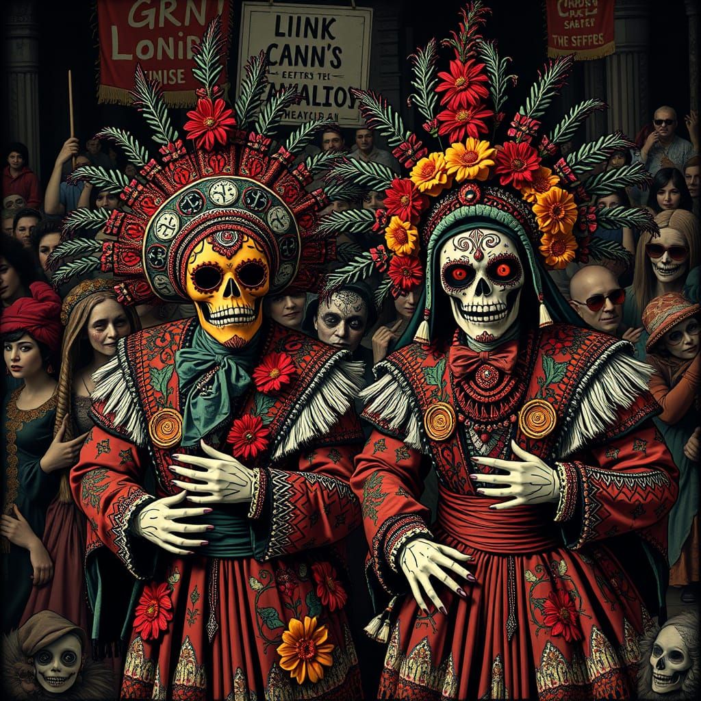 Vibrant Macabre Cosplayers in Elaborate Attire