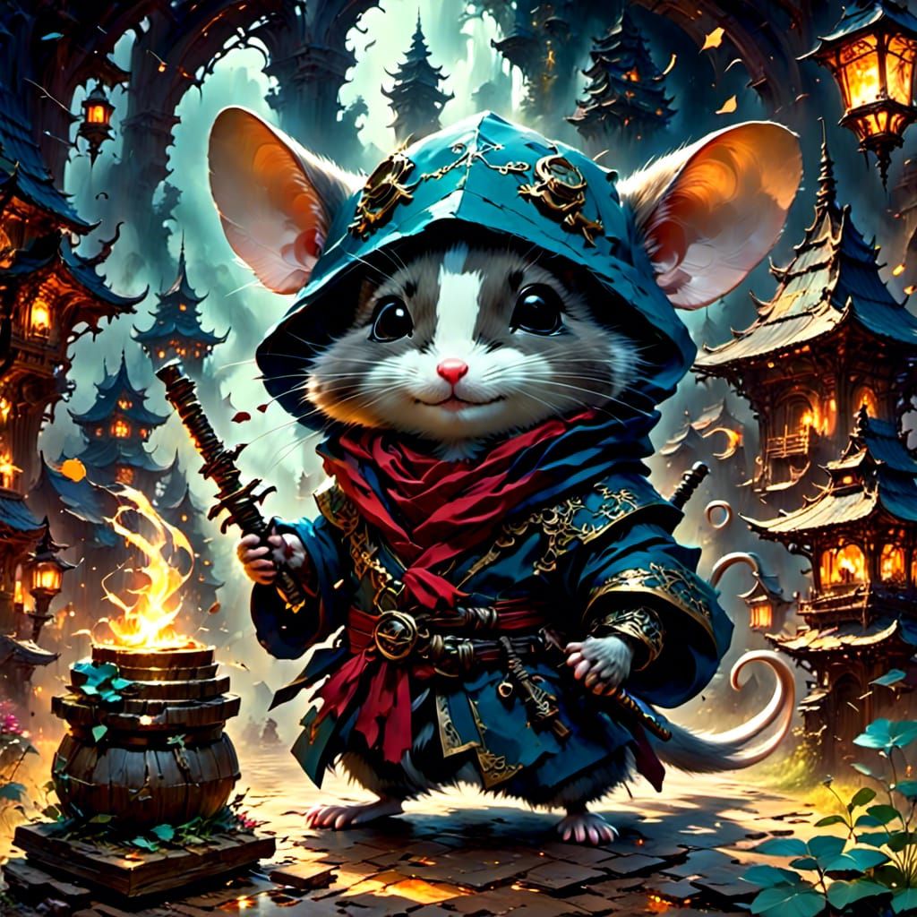 Ninja Mouse Assassin in Wooden Dojo Ink Sketch