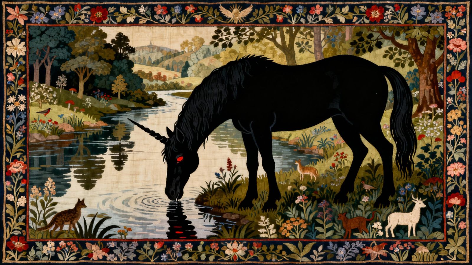 Black unicorn with red eyes drinking water from a river, in ...
