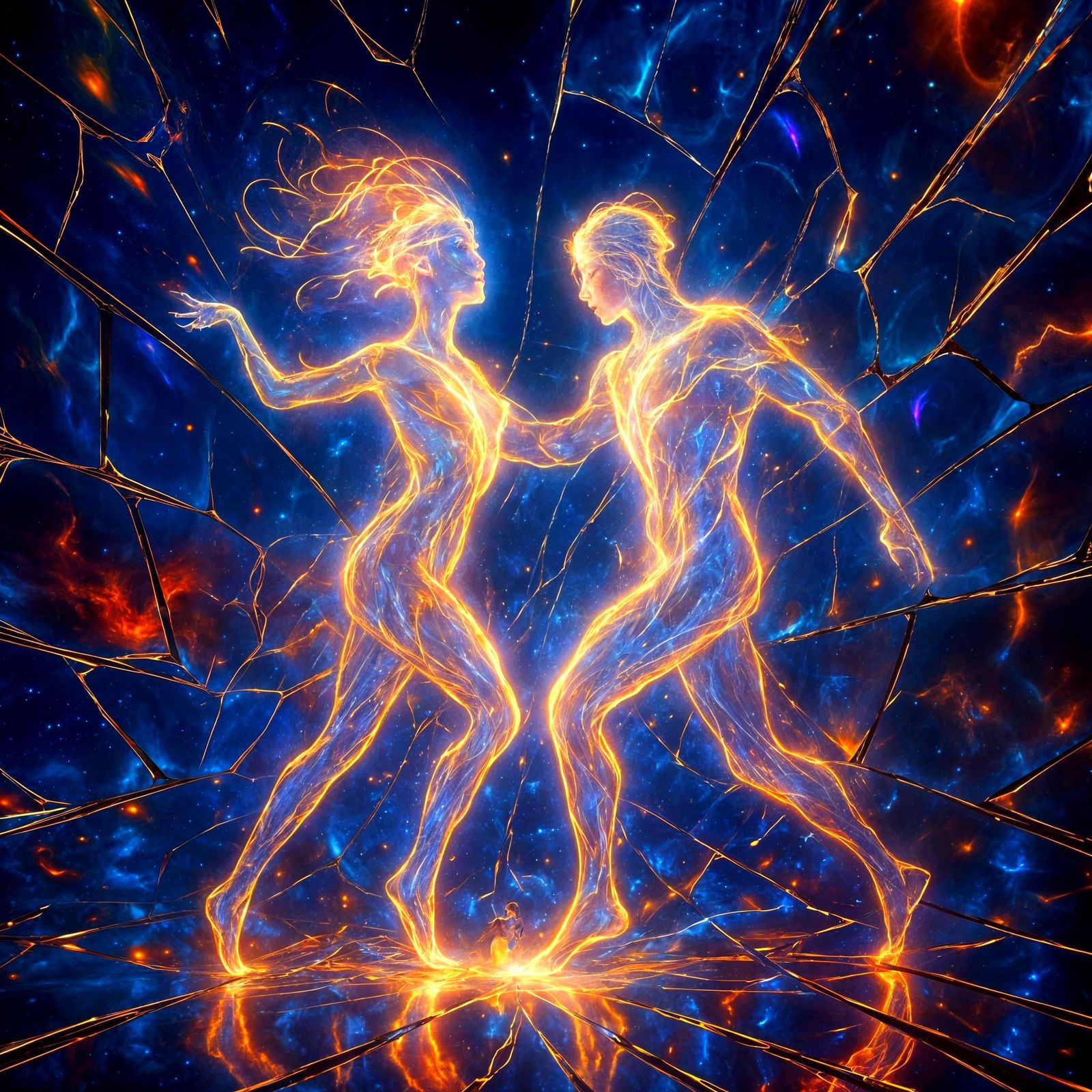 Ethereal Light Figures Dance in Shattered Mirror