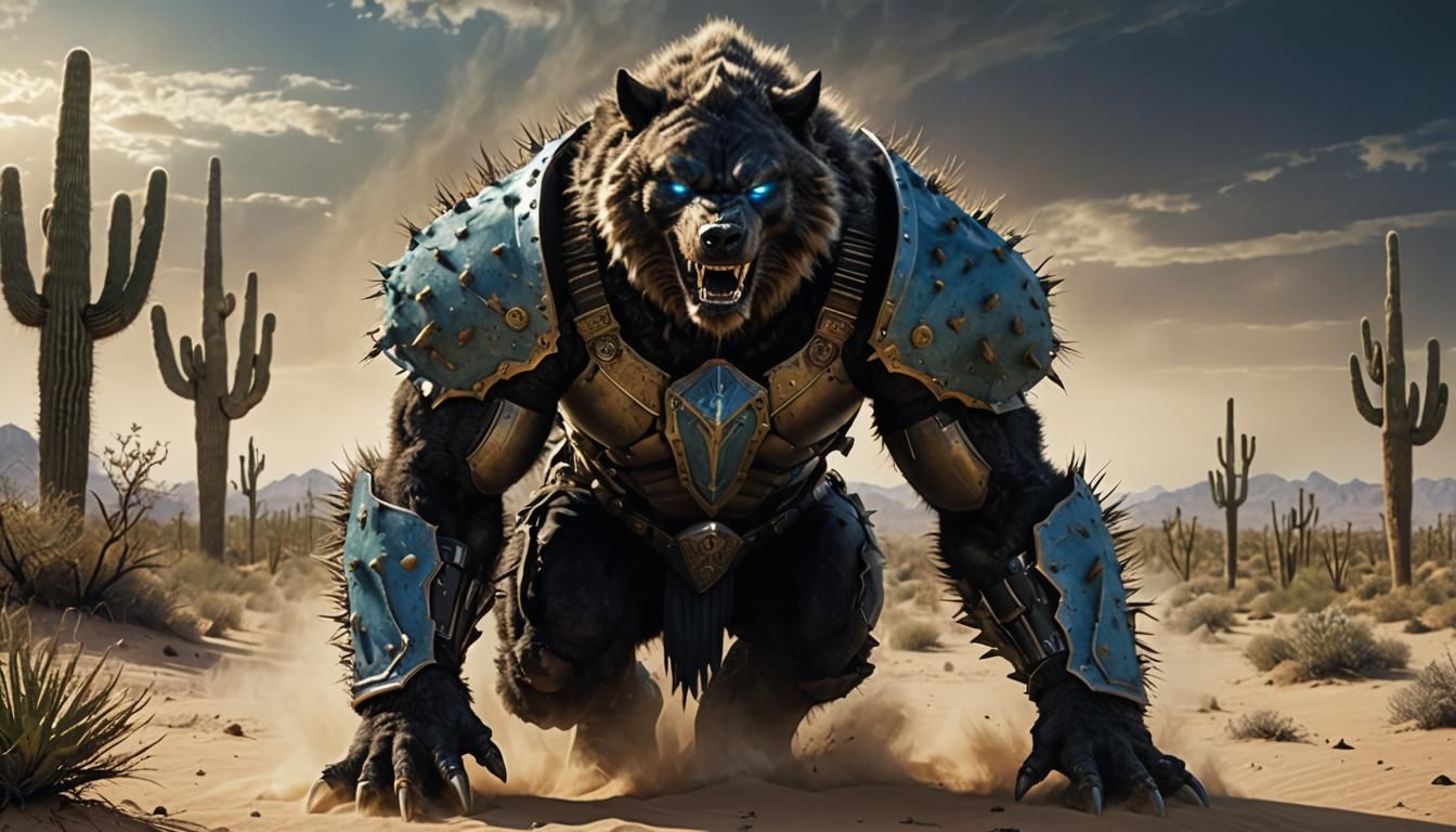 Paladin Bearwolfman Warrior Emerges from Desert Storm