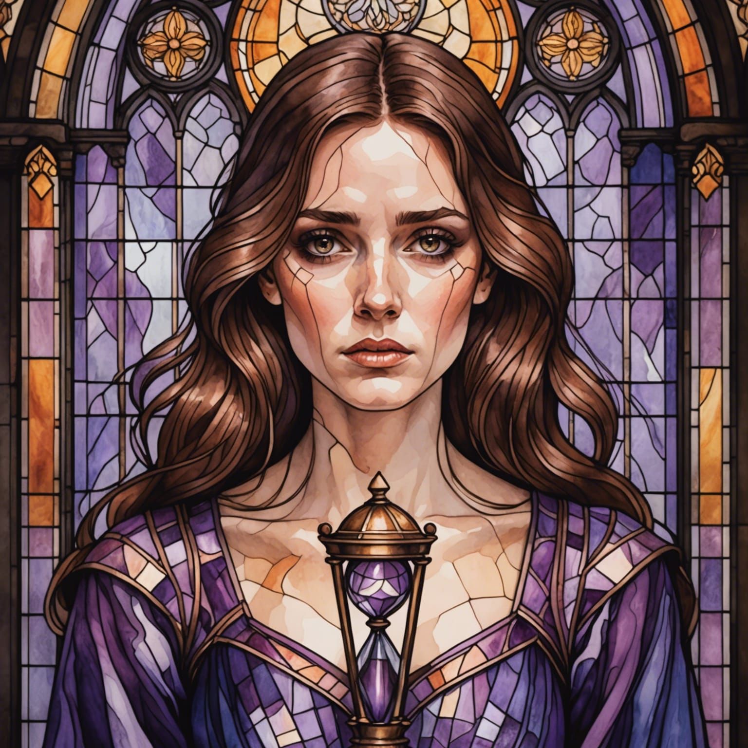 Crying Woman with Hourglass in Watercolor Style