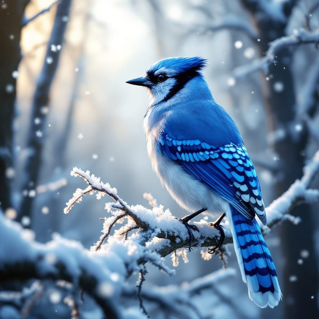 Winter Blue Jay Majestic Perched Frosty Branch