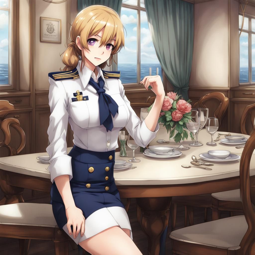 Anime-Style Naval Admiral in Officer's Dining Area