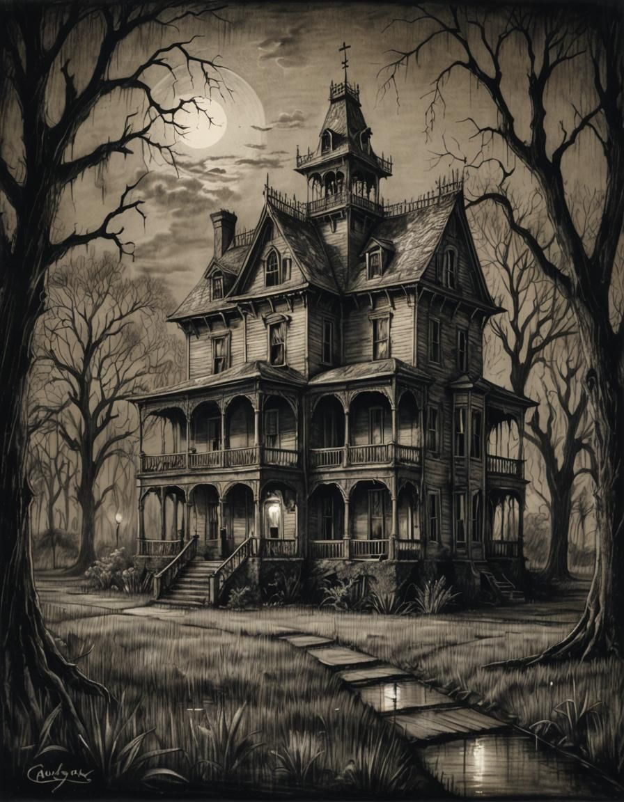 Ethereal Haunted House Sketch in Gothic Style