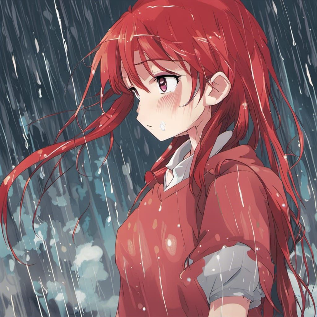 Red-Haired Girl Crying in Rain: Anime Style