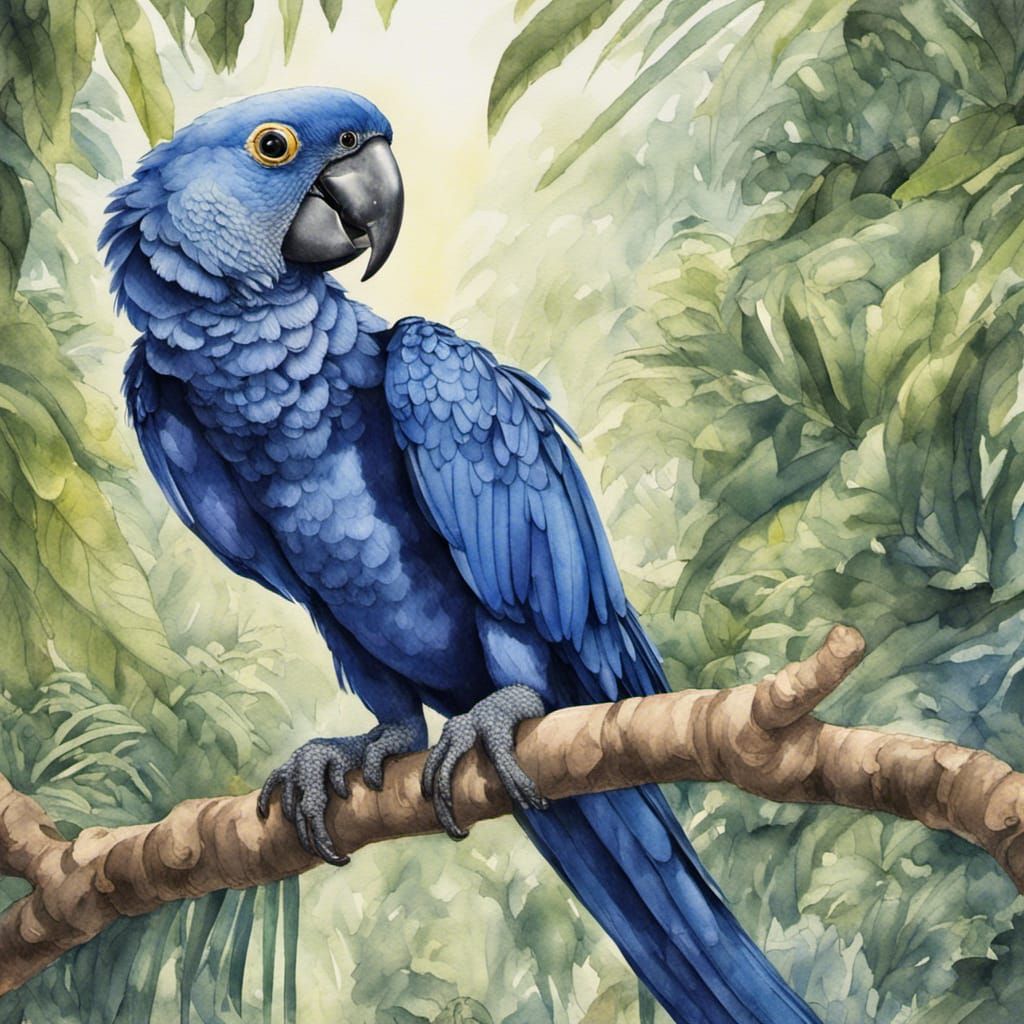 Chibi Hyacinth Macaw in Watercolor Rainforest