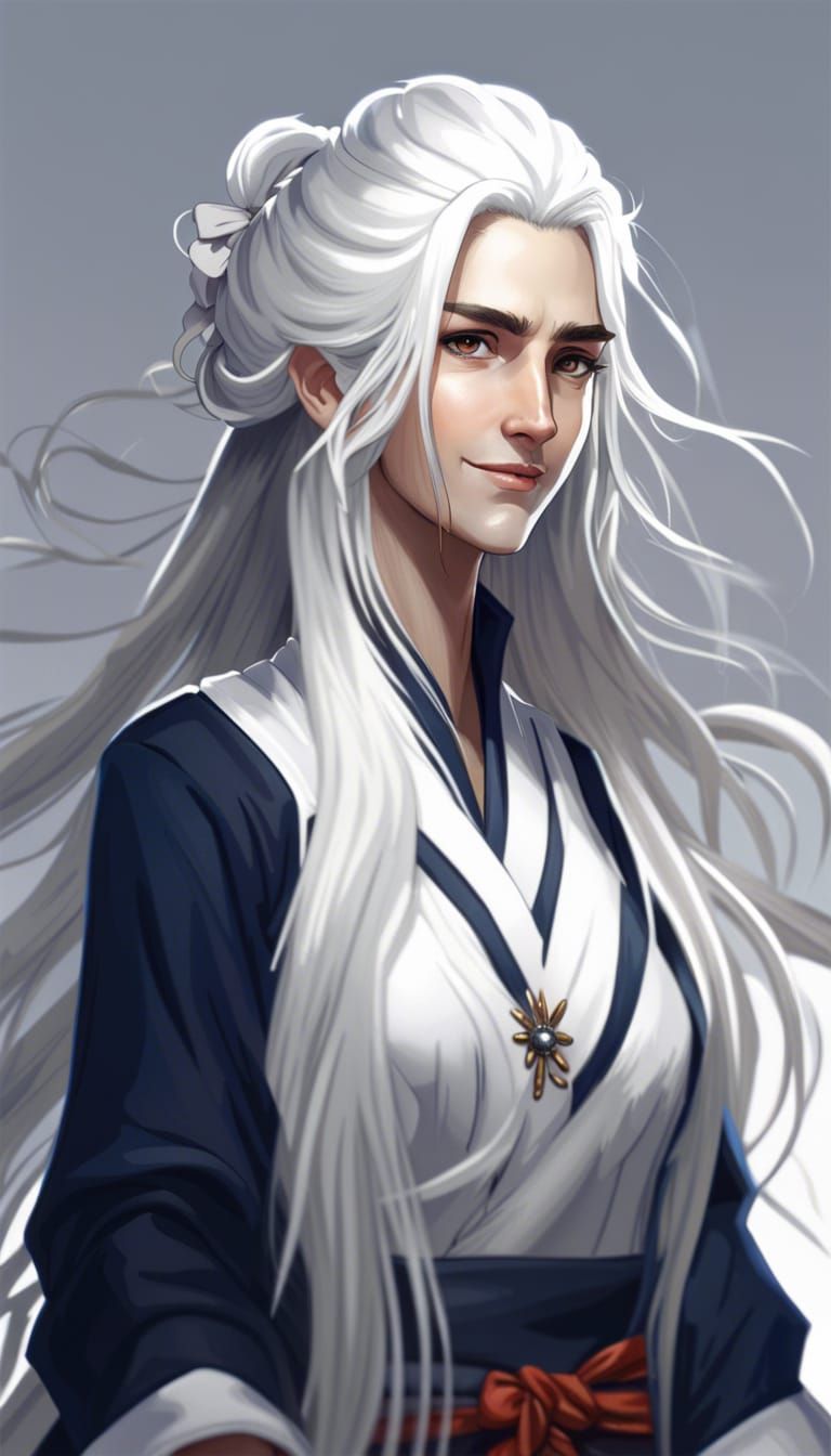 Smiling Woman with Long White Hair, Hyperrealistic Art