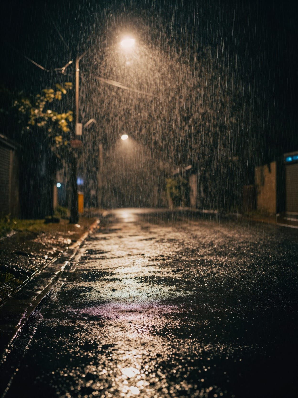 A dramatic, cinematic scene during heavy rain at night, rain falling in sharp streaks illuminated by neon and warm stree...