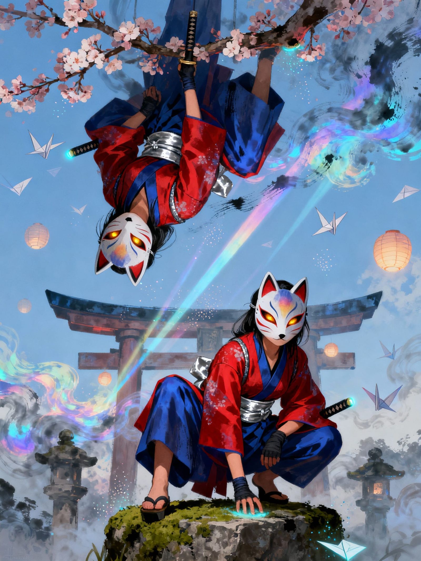 Two Female Ninjas Mirroring with Kitsune Masks in Mystical S...