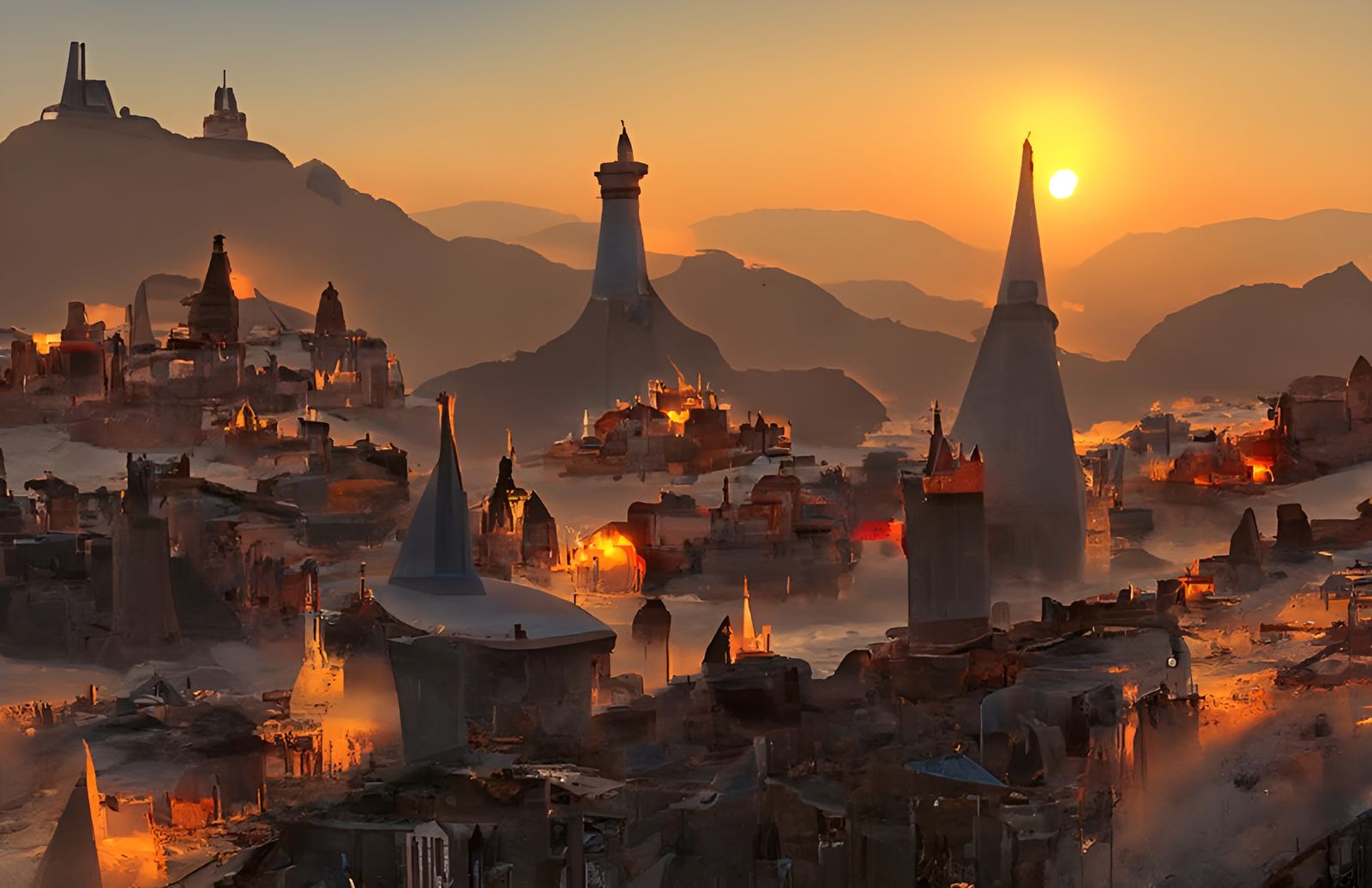 Fantasy City Sunrise: Hyperrealistic Island Concept Art