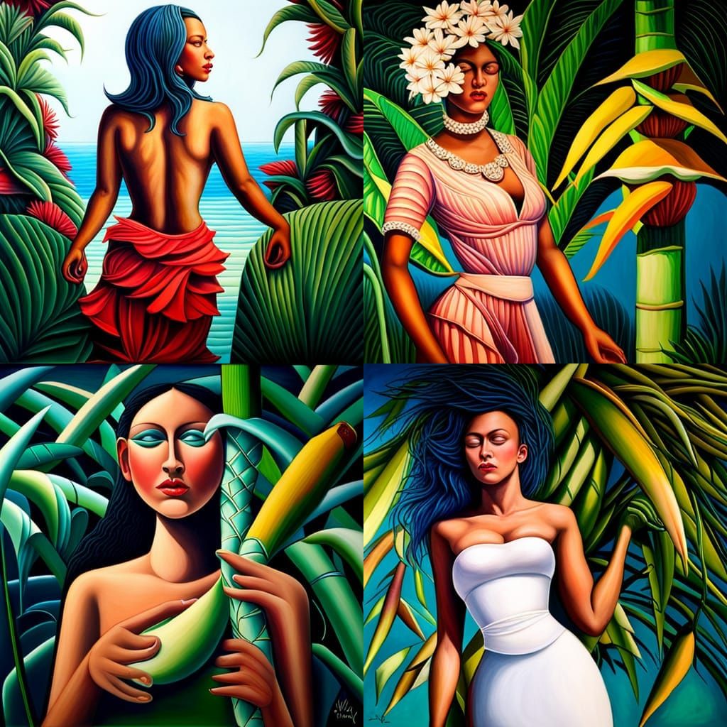 Colorful Surrealist Coconut Woman with Tropical Flowers