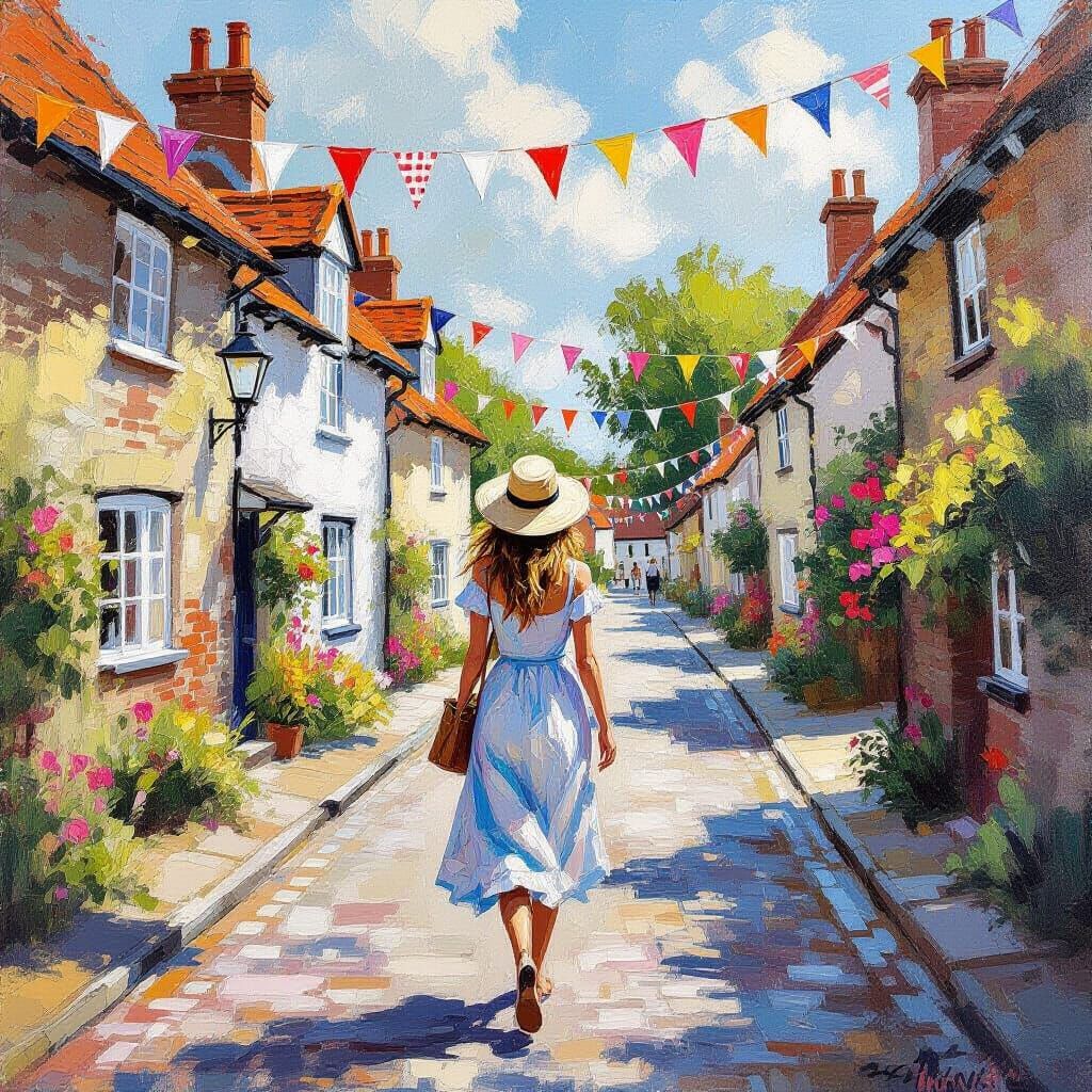 Charming English Village Street Scene as Oil Painting