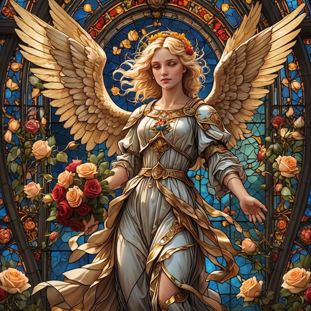 Stained Glass Angel with Roses and Golden Wings