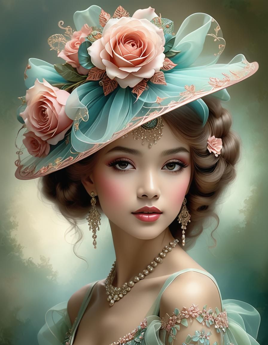 Elegant Woman with Tulle Hat, Fractal Art Style