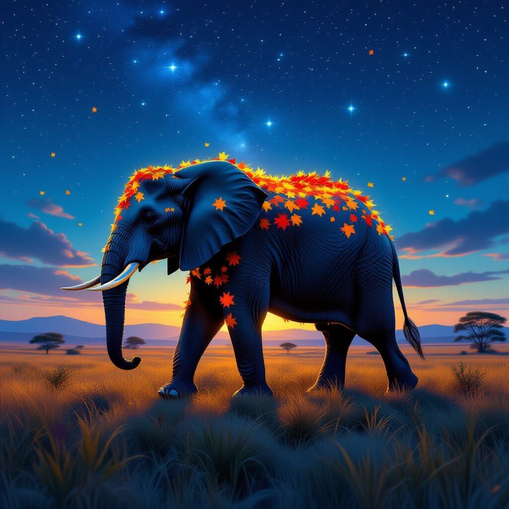 Bioluminescent Autumn Elephant in Dreamlike Savannah