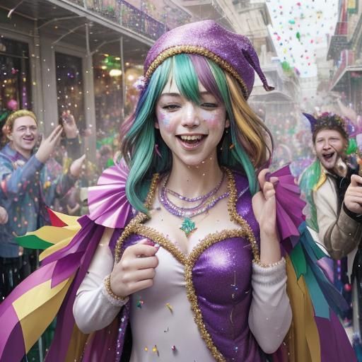 Festive Mardi Gras Parade in Confetti Rain