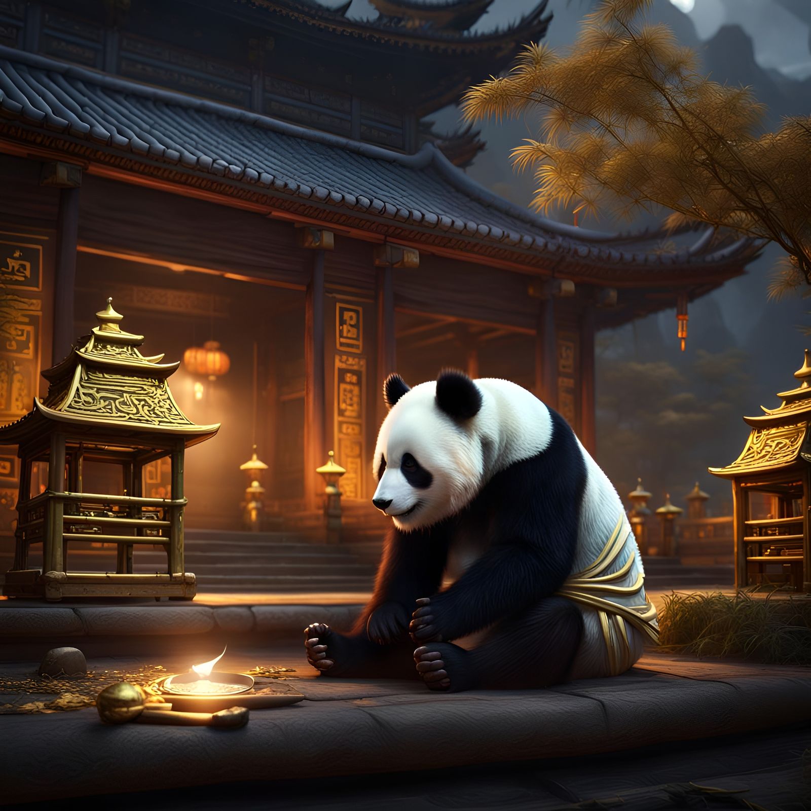 Panda in Golden Temple at Night: Fantasy Art