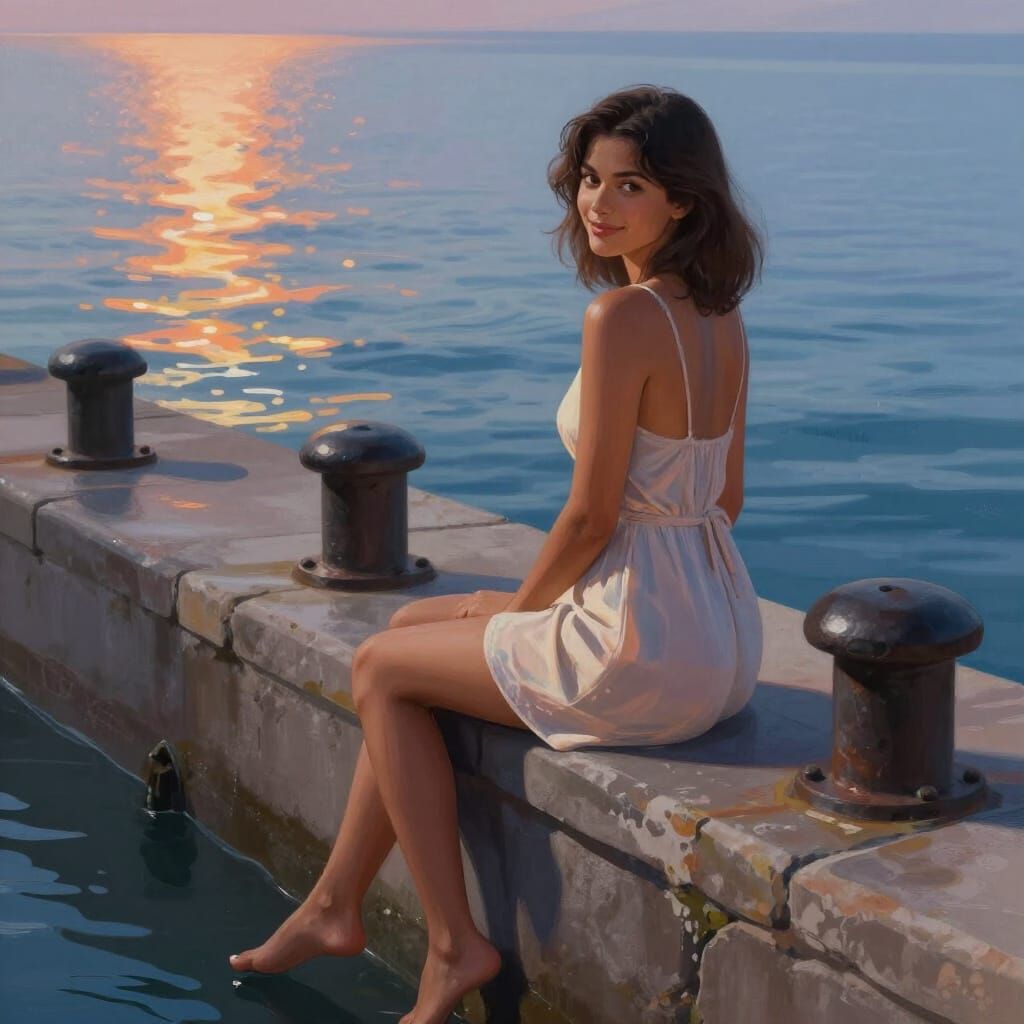 Woman on Pier at Sunset, Digital Art