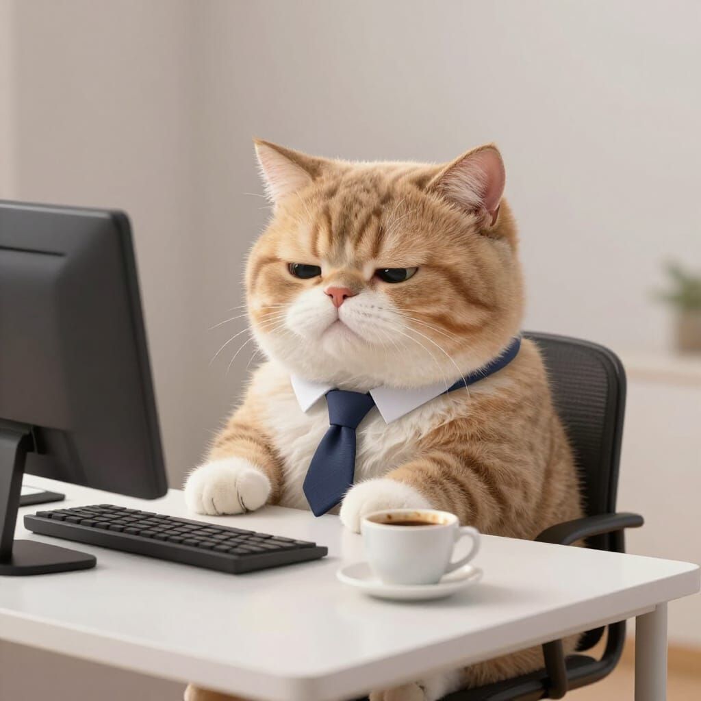 Lazy Office Cat in Tie at Desk