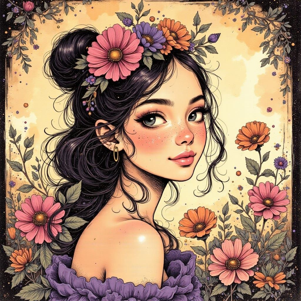 Romantic Anime Woman in a Whimsical Storybook Scene