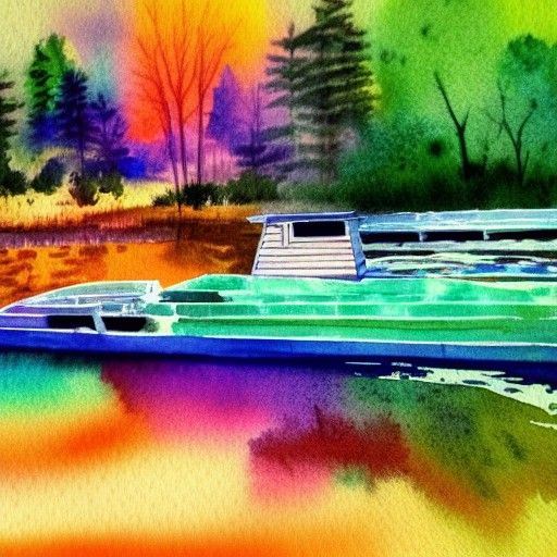 Watercolor Aurora Landscape with River Boats