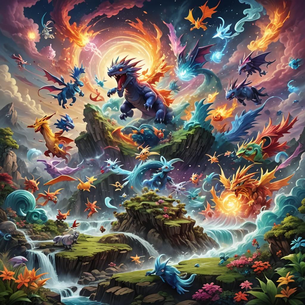 Epic Pokémon Battle in Dreamy Landscape