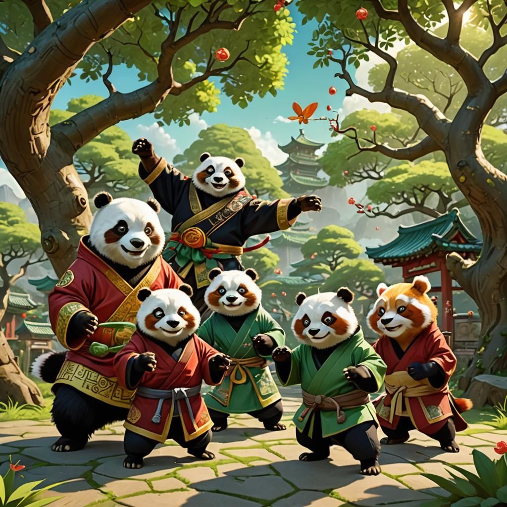 Kung Fu Masters Training Under Cherry Tree