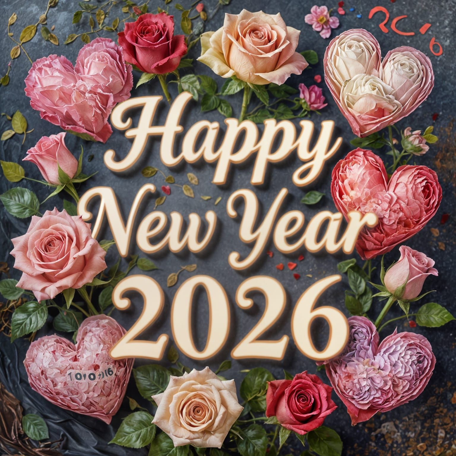 Happy New Year 2026 With Flowers Roses And Hearts
