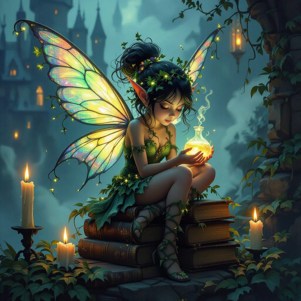 Pixie with Bioluminescent Hair in Gothic Castle