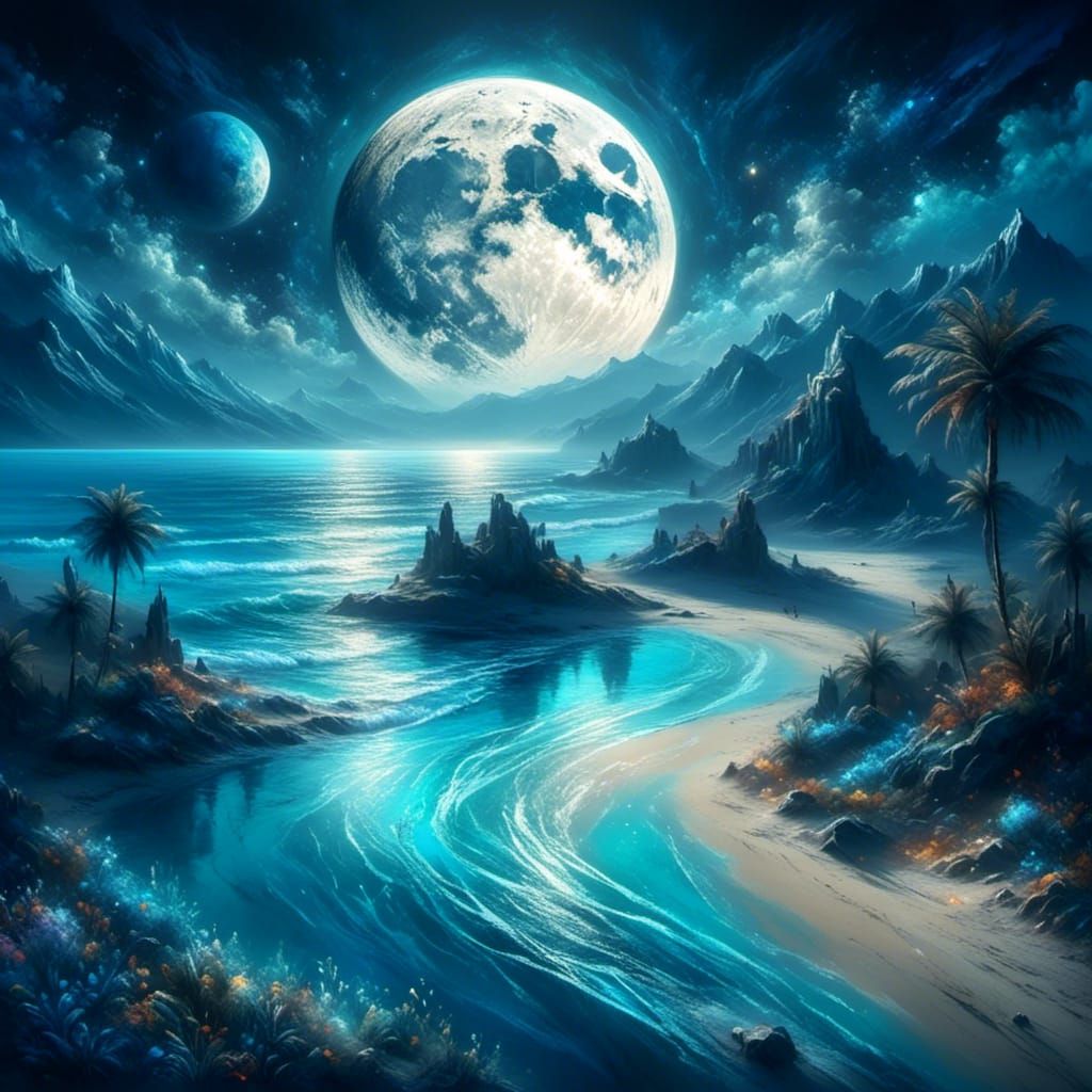 a beautiful moons landscape around a blue sandy beach at night #2