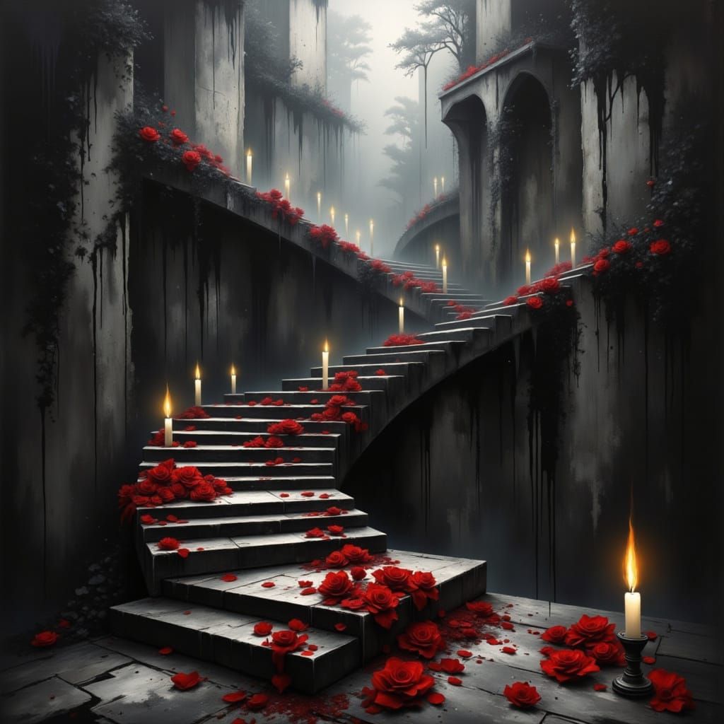 Gothic Endless Staircase with Crimson Roses