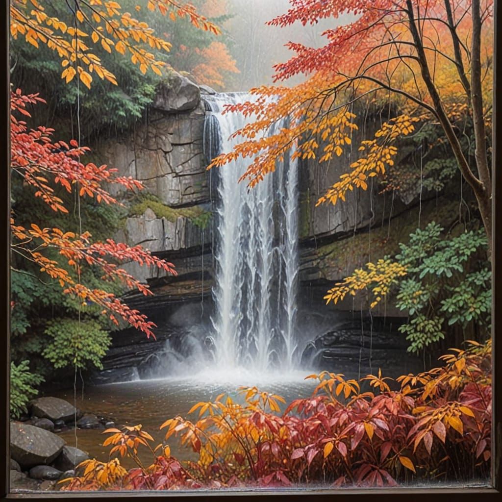 Autumn Waterfall Through Rainy Window in Watercolor Style