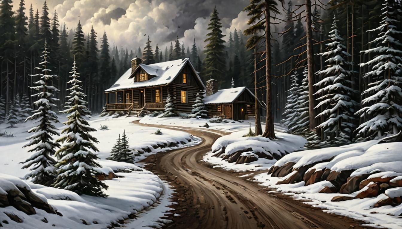 Secluded Cabin in Moody Winter Landscape
