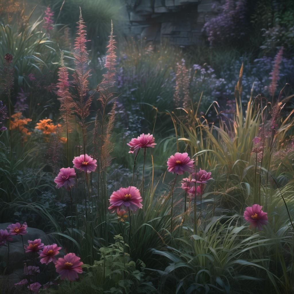 A dark garden with colorful flowers in the foreground and ornamental grasses in the misty background.
