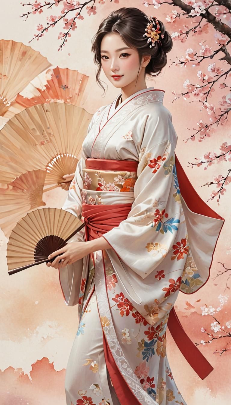 Gorgeous Lady in Kimono, Japanese Animation Style