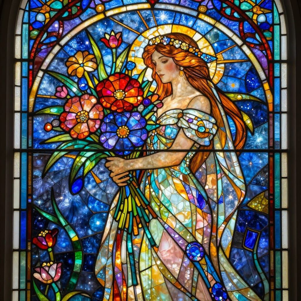 Gemstone Flower Bouquet in Cosmic Stained Glass Style
