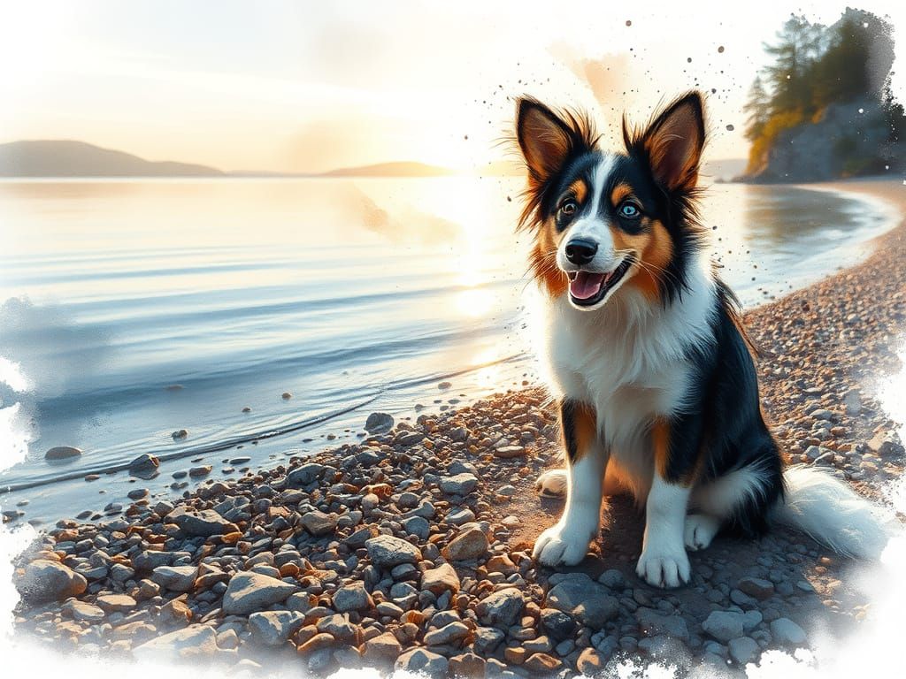 Surreal Collie Puppy on Serene Lake Shore in Watercolour Sty...