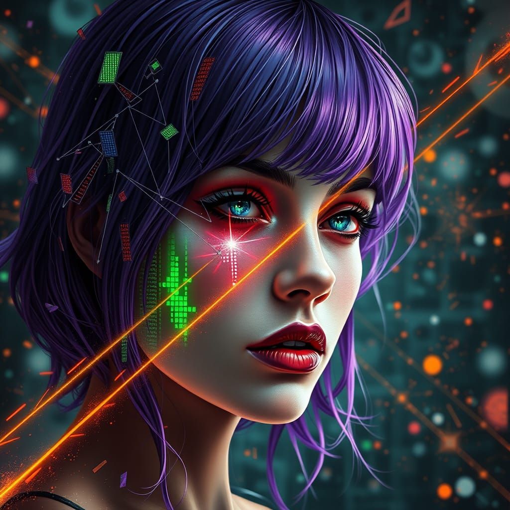 Cyberpunk Woman Portrait with Digital Glitches