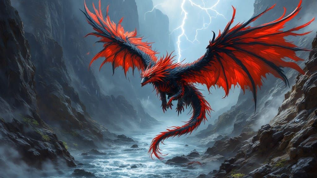 Majestic Phoenix Dragon Soars Through Stormy Canyon