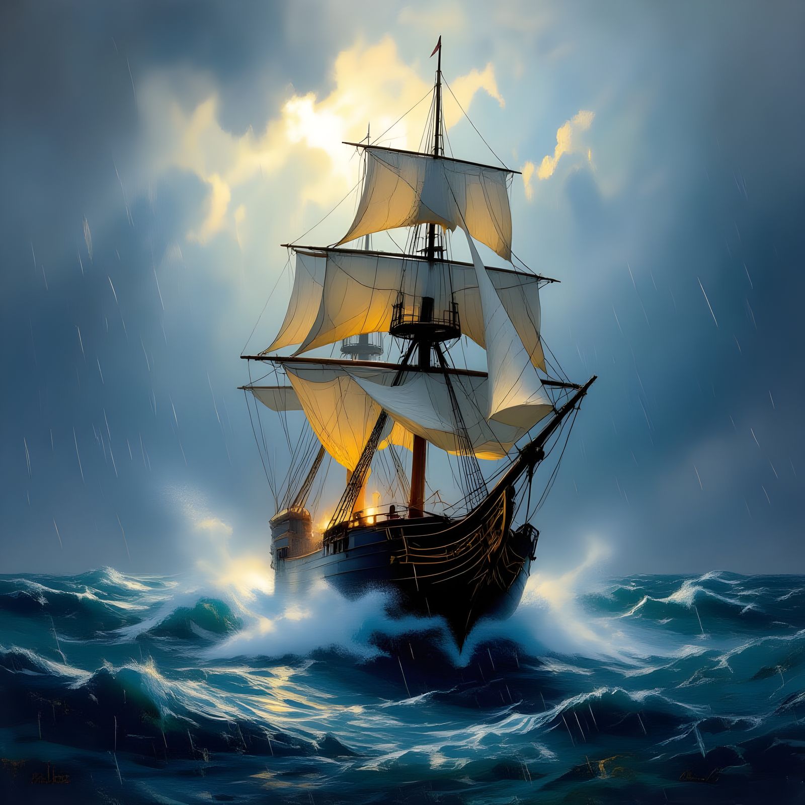 Massive Sailboat Navigates Stormy Ocean with Sun and Rain